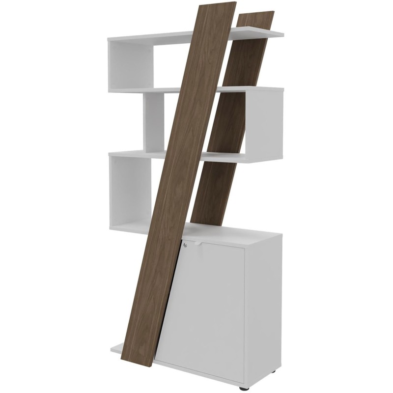 Bibliothèque porte à droite Rhéa L. 90 x P. 40 x H 190 cm - Structure Noyer - Porte blanche