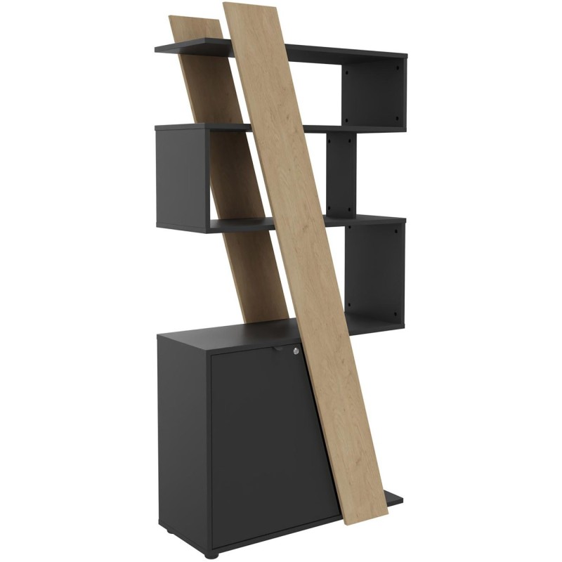 Bibliothèque porte à gauche Rhéa L. 90 x P. 40 x H 190 cm - Structure Chêne - Porte Carbone