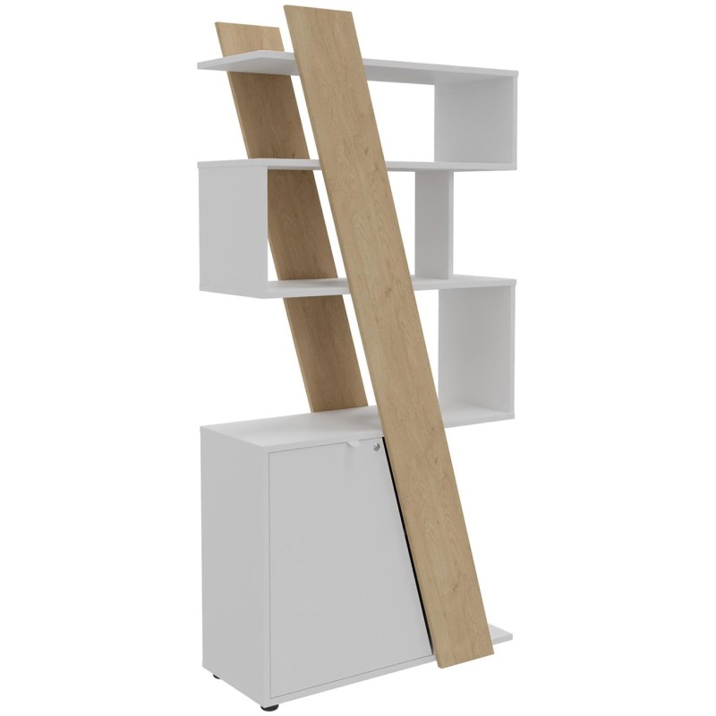 Bibliothèque porte à gauche Rhéa L. 90 x P. 40 x H 190 cm - Structure Chêne - Porte blanche