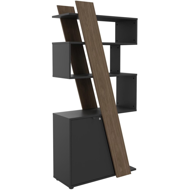 Bibliothèque porte à gauche Rhéa L. 90 x P. 40 x H 190 cm - Structure Noyer - Porte Carbone
