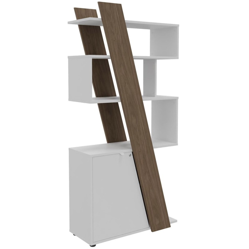 Bibliothèque porte à gauche Rhéa L. 90 x P. 40 x H 190 cm - Structure Noyer - Porte blanche