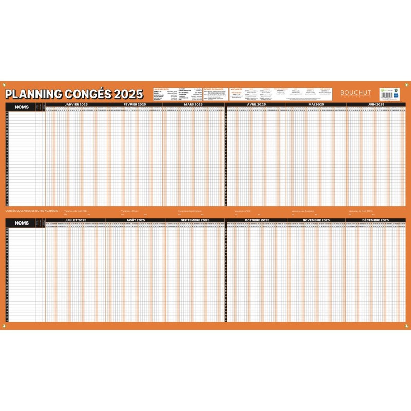 Bouchut Tableau planning annuel congés et absences effaçable à sec 60 x 99 cm - 2025