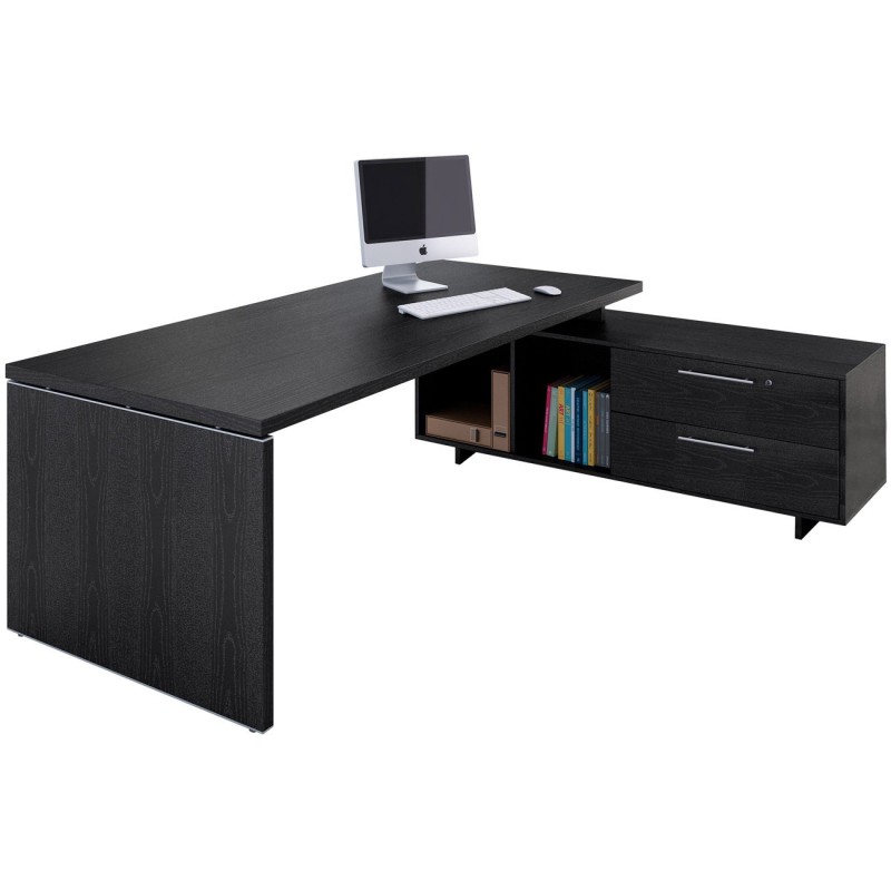 Bureau direction Flore avec retour suspendu - L.195 x P.170 cm - Plateau Frêne noir - Pieds panneaux