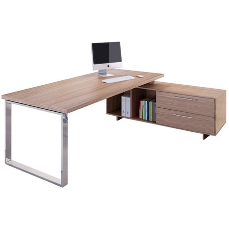 Bureau direction Flore avec retour suspendu - L.195 x P.170 cm - Plateau Noyer - Pieds cadres