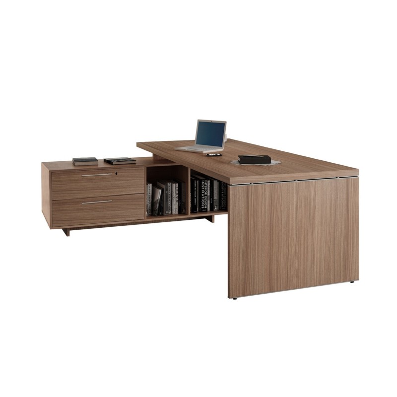 Bureau direction Flore avec retour suspendu - L.195 x P.170 cm - Plateau Noyer - Pieds panneaux
