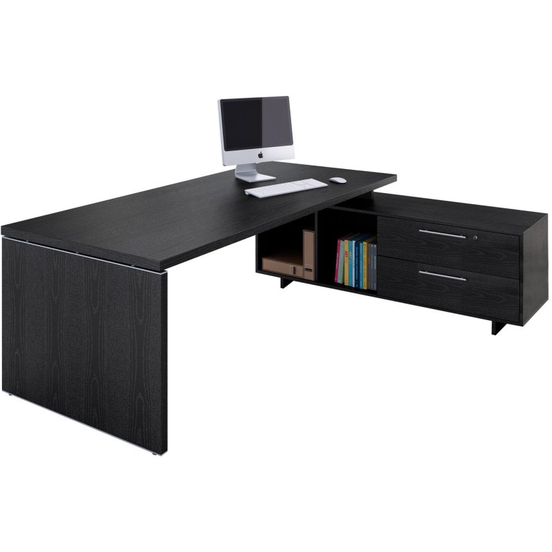 Bureau direction Flore avec retour suspendu - L.225 x P.170 cm - Plateau Frêne noir - Pieds panneaux