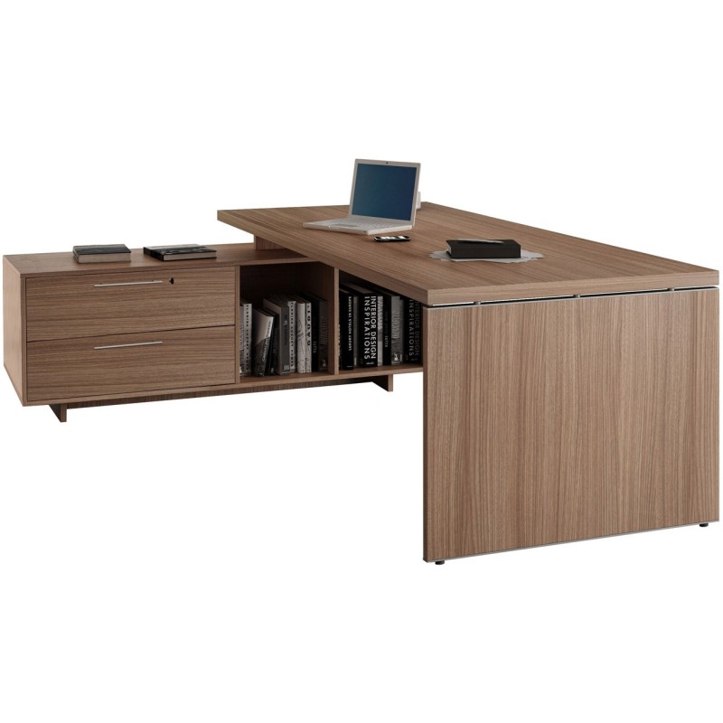 Bureau direction Flore avec retour suspendu - L.225 x P.170 cm - Plateau Noyer - Pieds panneaux