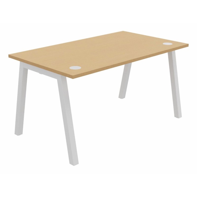 Bureau droit Burocolor A avec obturateurs - L.140 x P.80 cm - Plateau Hêtre - Pieds Blanc