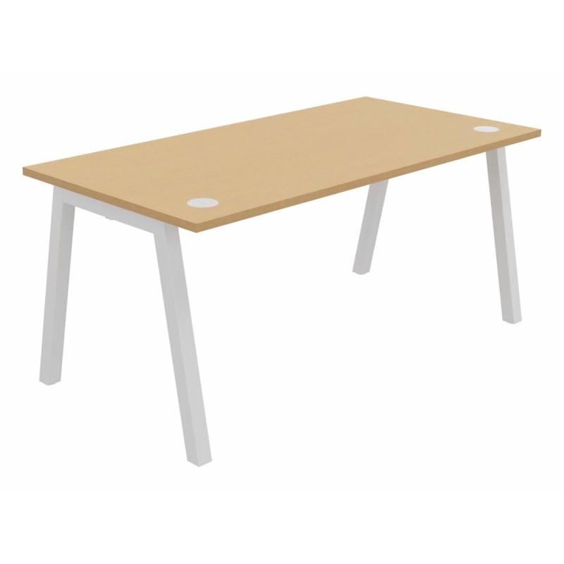 Bureau droit Burocolor A avec obturateurs - L.160 x P.80 cm - Plateau Hêtre - Pieds Blanc