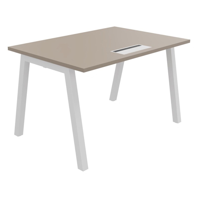 Bureau droit Burocolor A avec trappe d'accès - L.120 x P.80 cm - Plateau Argile - Pieds  Blanc