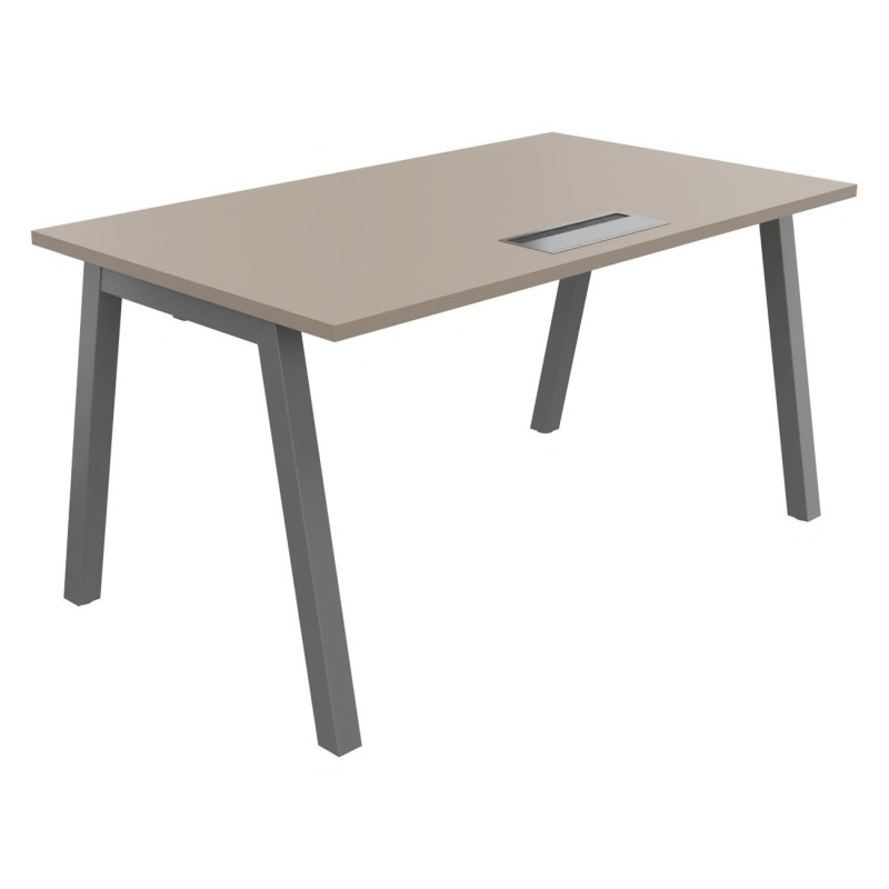 Bureau droit Burocolor A avec trappe d'accès - L.140 x P.80 cm - Plateau Argile - Pieds  Aluminium
