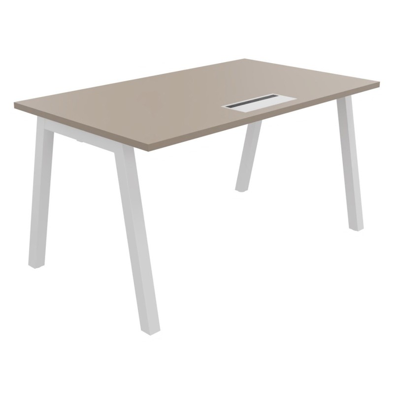 Bureau droit Burocolor A avec trappe d'accès - L.140 x P.80 cm - Plateau Argile - Pieds  Blanc