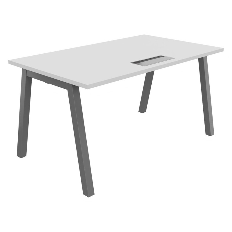 Bureau droit Burocolor A avec trappe d'accès - L.140 x P.80 cm - Plateau Blanc - Pieds  Aluminium