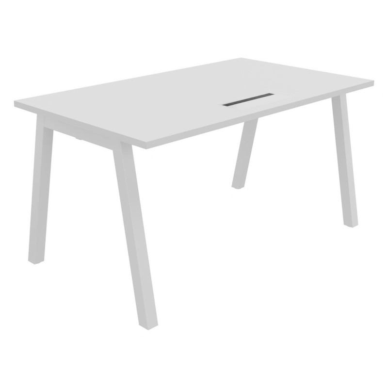 Bureau droit Burocolor A avec trappe d'accès - L.140 x P.80 cm - Plateau Blanc - Pieds  Blanc