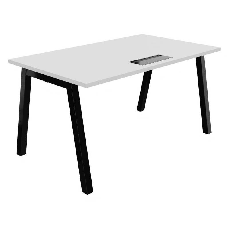 Bureau droit Burocolor A avec trappe d'accès - L.140 x P.80 cm - Plateau Blanc - Pieds  Noir