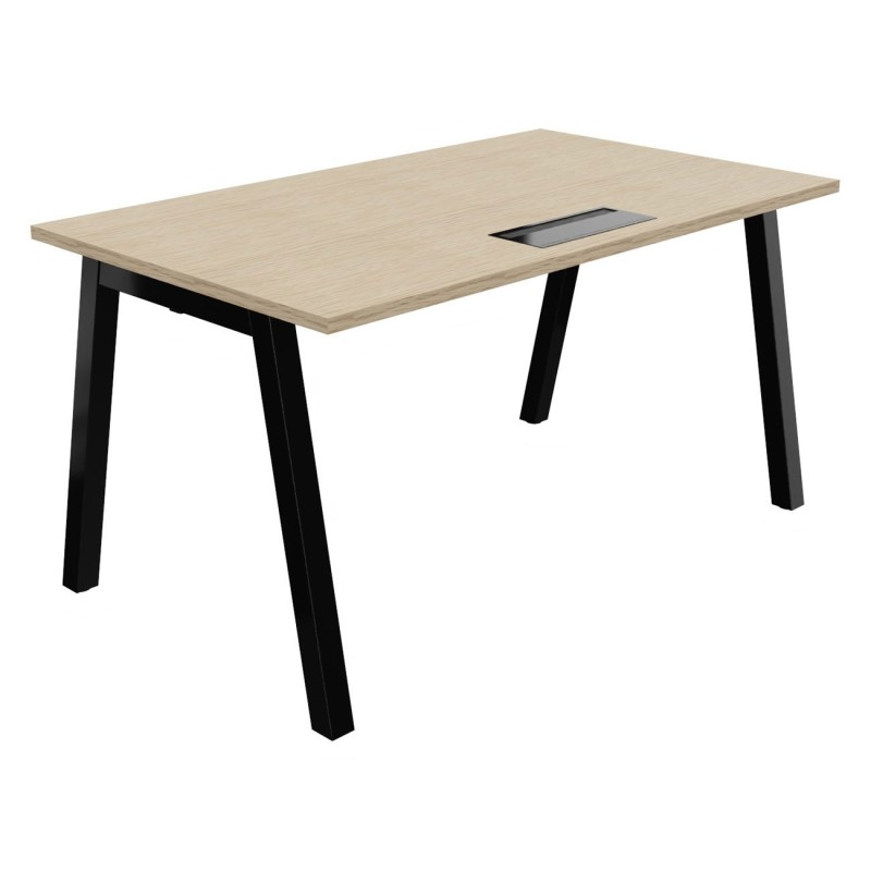Bureau droit Burocolor A avec trappe d'accès - L.140 x P.80 cm - Plateau Chêne - Pieds  Noir