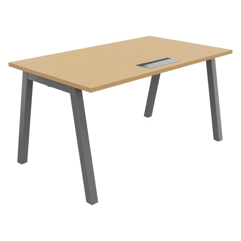 Bureau droit Burocolor A avec trappe d'accès - L.140 x P.80 cm - Plateau Hêtre - Pieds  Aluminium