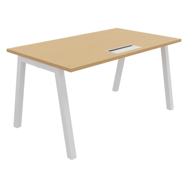Bureau droit Burocolor A avec trappe d'accès - L.140 x P.80 cm - Plateau Hêtre - Pieds  Blanc
