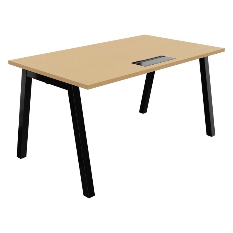 Bureau droit Burocolor A avec trappe d'accès - L.140 x P.80 cm - Plateau Hêtre - Pieds  Noir