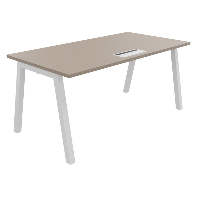 Bureau droit Burocolor A avec trappe d'accès - L.160 x P.80 cm - Plateau Argile - Pieds Blanc