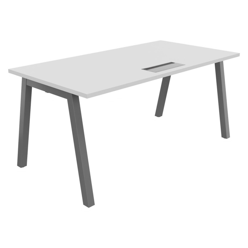 Bureau droit Burocolor A avec trappe d'accès - L.160 x P.80 cm - Plateau Blanc - Pieds Aluminium