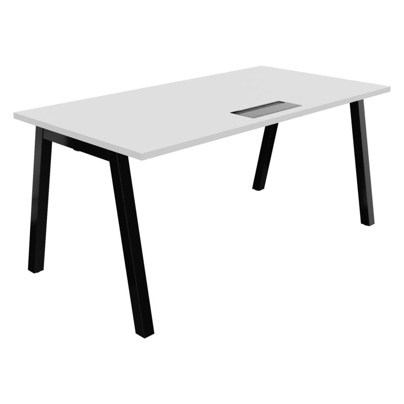 Bureau droit Burocolor A avec trappe d'accès - L.160 x P.80 cm - Plateau Blanc - Pieds Noir