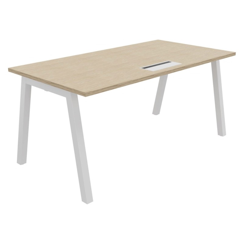 Bureau droit Burocolor A avec trappe d'accès - L.160 x P.80 cm - Plateau Chêne - Pieds Blanc