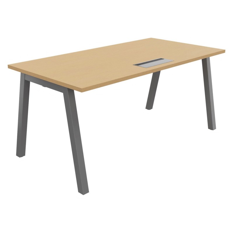 Bureau droit Burocolor A avec trappe d'accès - L.160 x P.80 cm - Plateau Hêtre - Pieds Aluminium