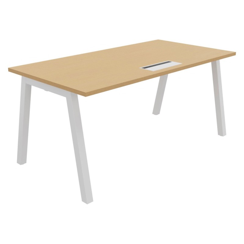 Bureau droit Burocolor A avec trappe d'accès - L.160 x P.80 cm - Plateau Hêtre - Pieds Blanc