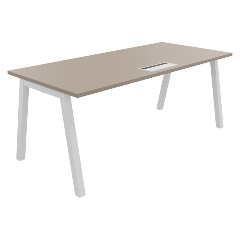 Bureau droit Burocolor A avec trappe d'accès - L.180 x P.80 cm - Plateau Argile - Pieds Blanc