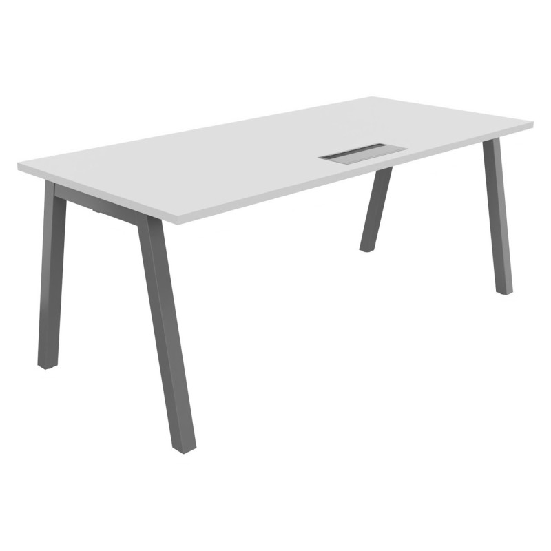 Bureau droit Burocolor A avec trappe d'accès - L.180 x P.80 cm - Plateau Blanc - Pieds  Aluminium
