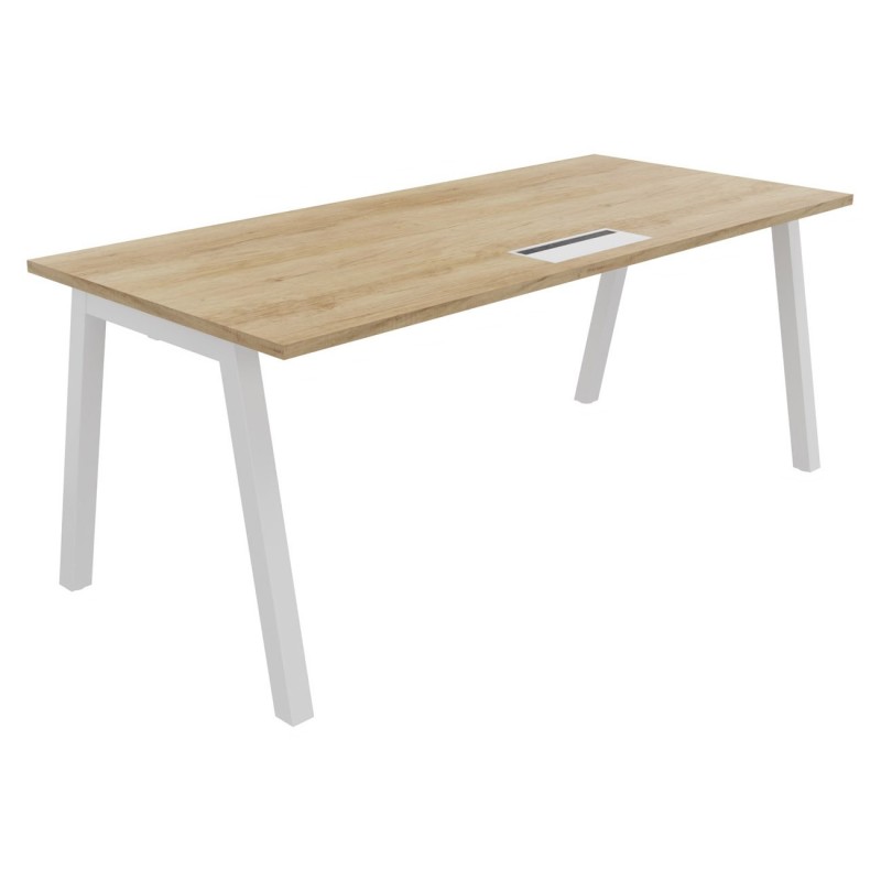 Bureau droit Burocolor A avec trappe d'accès - L.180 x P.80 cm - Plateau Chêne Nebraska - Pieds Blanc