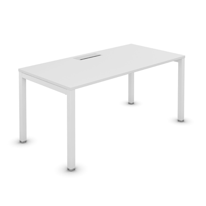 Bureau droit Burocolor avec trappe d'accès - L.140 x P.80 cm - Plateau Blanc - Pieds Blanc