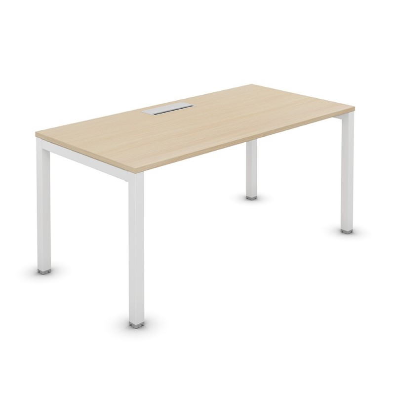 Bureau droit Burocolor avec trappe d'accès - L.140 x P.80 cm - Plateau Chêne - Pieds Blanc