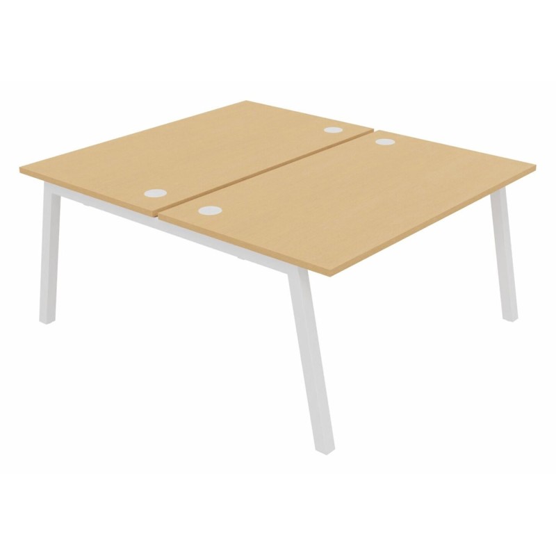 Bureau droit partagé 2 postes Burocolor A avec obturateurs - Départ - L.140 x P.163 cm - Plateau Hêtre - Pieds Blanc