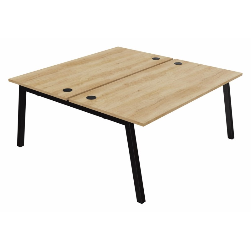 Bureau droit partagé 2 postes Burocolor A avec obturateurs - Départ - L.160 x P.163 cm - Plateau Chêne Nebraska - Pieds Noir