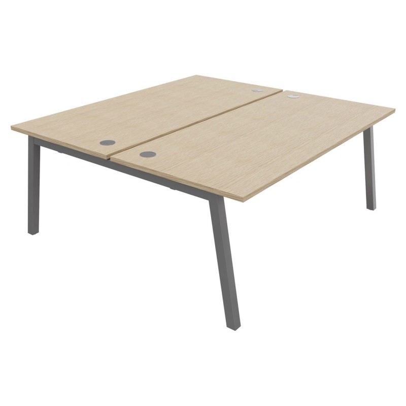 Bureau droit partagé 2 postes Burocolor A avec obturateurs - Départ - L.180 x P.163 cm - Plateau Chêne - Pieds Aluminium
