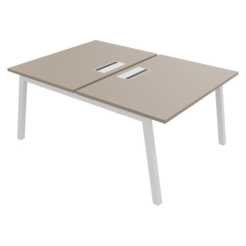 Bureau droit partagé 2 postes Burocolor A avec trappe d'accès - Départ - L.120 x P.163 cm - Plateau Argile - Pieds Blanc