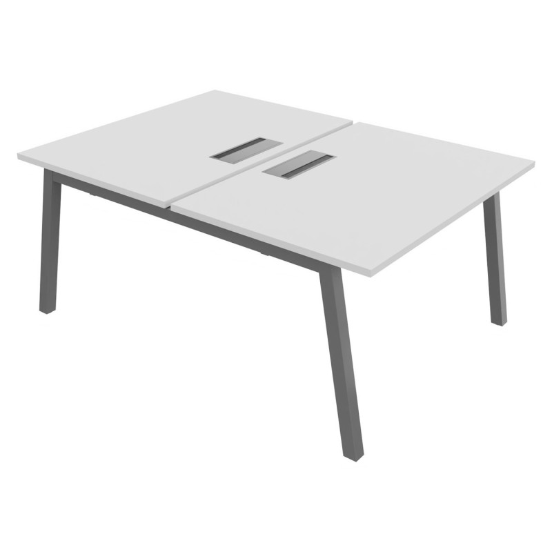 Bureau droit partagé 2 postes Burocolor A avec trappe d'accès - Départ - L.120 x P.163 cm - Plateau Blanc - Pieds Aluminium