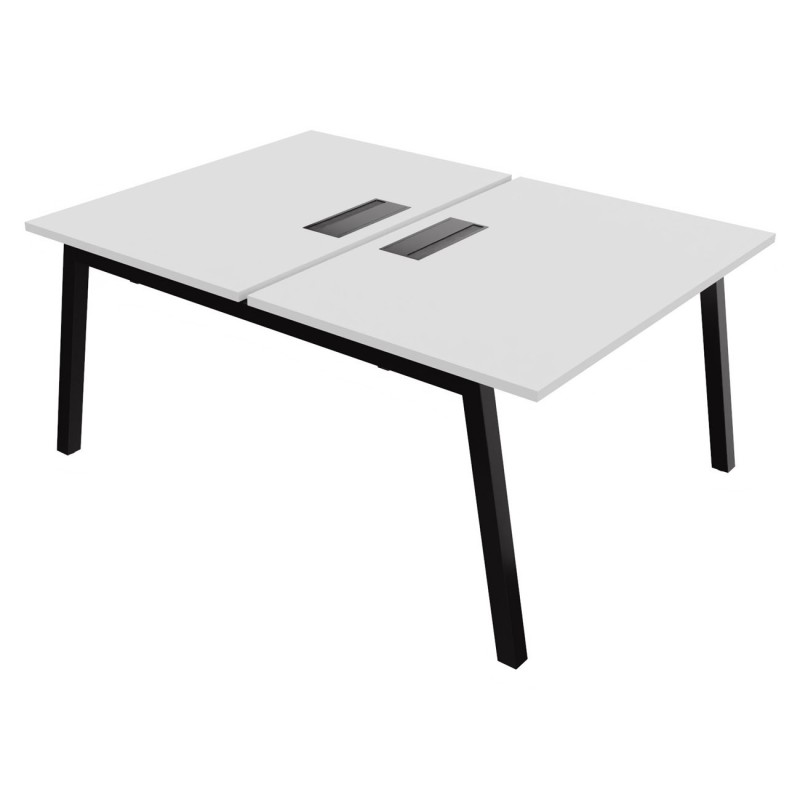 Bureau droit partagé 2 postes Burocolor A avec trappe d'accès - Départ - L.120 x P.163 cm - Plateau Blanc - Pieds Noir