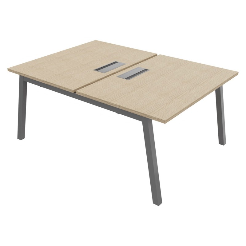 Bureau droit partagé 2 postes Burocolor A avec trappe d'accès - Départ - L.120 x P.163 cm - Plateau Chêne - Pieds Aluminium