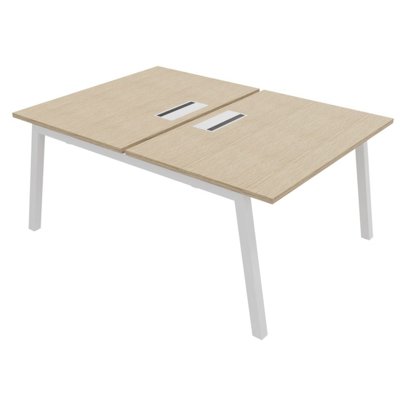 Bureau droit partagé 2 postes Burocolor A avec trappe d'accès - Départ - L.120 x P.163 cm - Plateau Chêne - Pieds Blanc