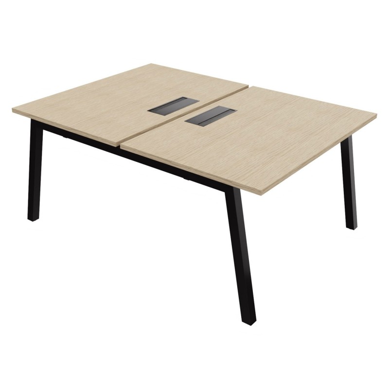 Bureau droit partagé 2 postes Burocolor A avec trappe d'accès - Départ - L.120 x P.163 cm - Plateau Chêne - Pieds Noir