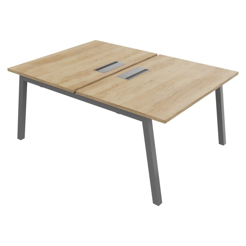Bureau droit partagé 2 postes Burocolor A avec trappe d'accès - Départ - L.120 x P.163 cm - Plateau Chêne Nebraska - Pieds Aluminium