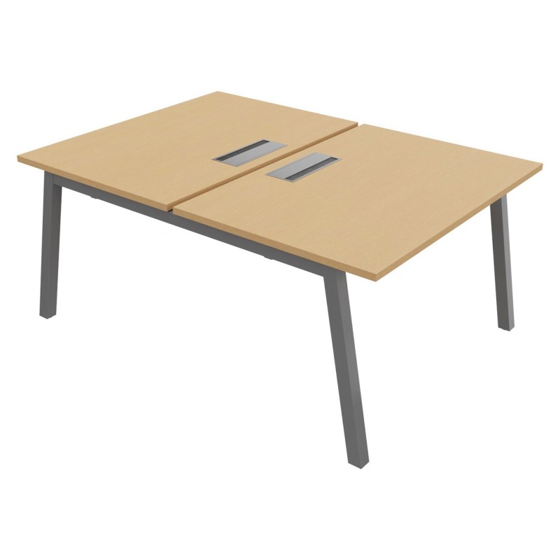 Bureau droit partagé 2 postes Burocolor A avec trappe d'accès - Départ - L.120 x P.163 cm - Plateau Hêtre - Pieds Aluminium