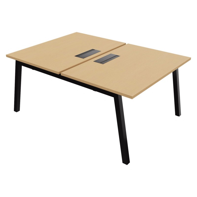 Bureau droit partagé 2 postes Burocolor A avec trappe d'accès - Départ - L.120 x P.163 cm - Plateau Hêtre - Pieds Noir