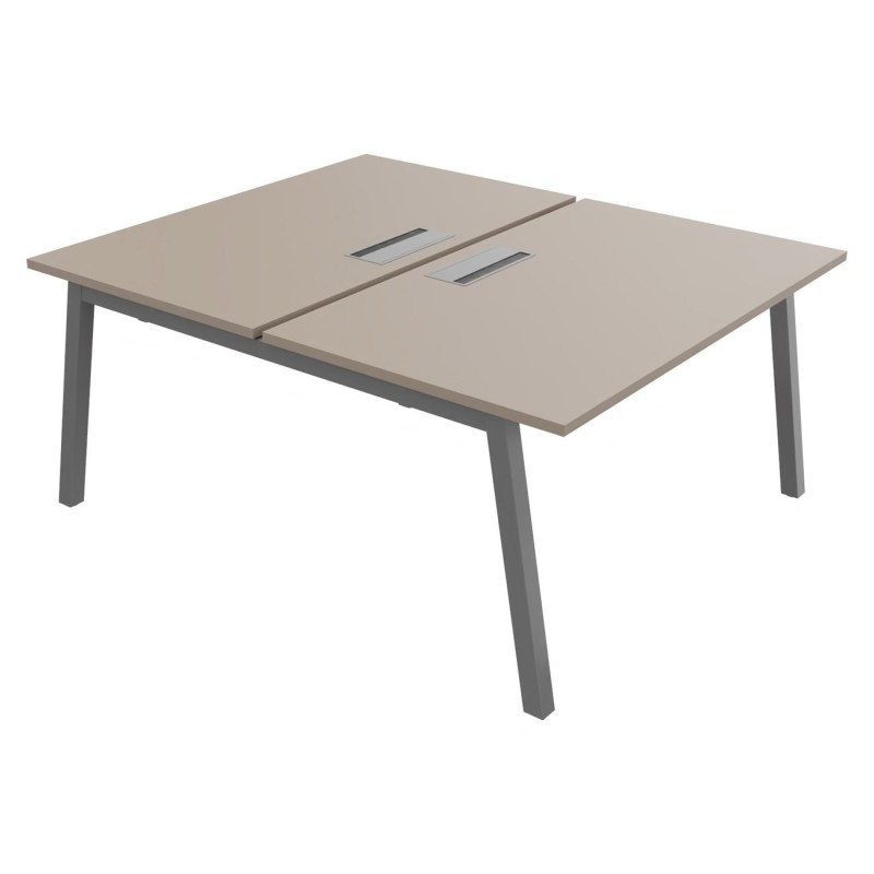 Bureau droit partagé 2 postes Burocolor A avec trappe d'accès - Départ - L.140 x P.163 cm - Plateau Argile - Pieds Aluminium