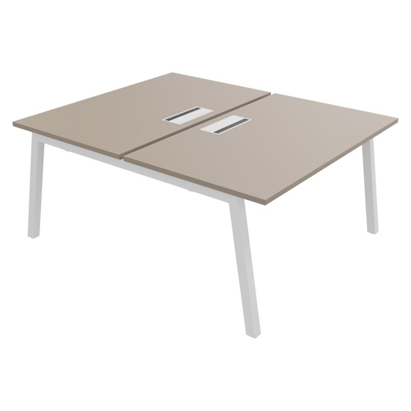 Bureau droit partagé 2 postes Burocolor A avec trappe d'accès - Départ - L.140 x P.163 cm - Plateau Argile - Pieds Blanc