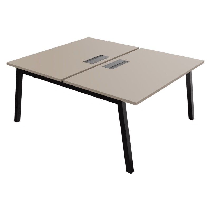 Bureau droit partagé 2 postes Burocolor A avec trappe d'accès - Départ - L.140 x P.163 cm - Plateau Argile - Pieds Noir