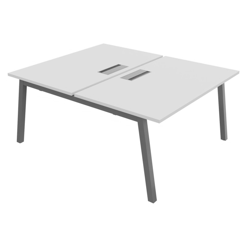 Bureau droit partagé 2 postes Burocolor A avec trappe d'accès - Départ - L.140 x P.163 cm - Plateau Blanc - Pieds Aluminium
